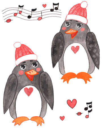 Penguin in a Santa hat with a music sign and heart. Winter character. Watercolor illustrationの写真素材