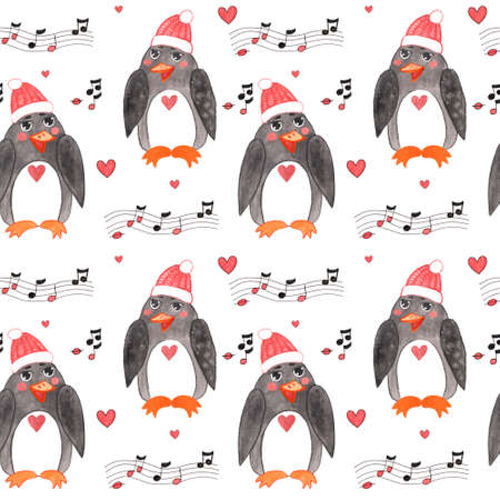 Watercolor seamless with Penguin in a Santa hat. Winter character backdrop. Watercolor illustration seamlessの写真素材