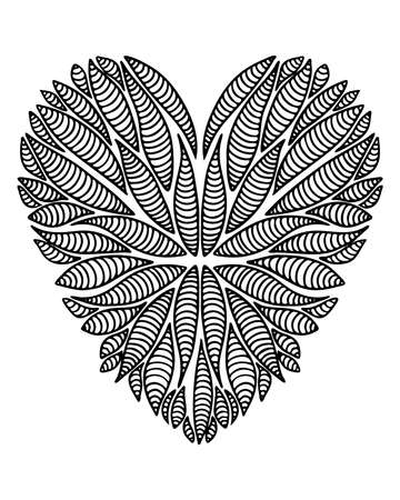 Vector monochrome arrangement in the shape of a heart. Beautiful heart card for Valentine's greeting card, coloring bookのイラスト素材