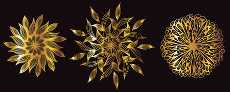 Gold round ornament in traditional Oriental pattern set. Round gold motif Mandala.Decorative element for card design, t-shirt print, ceramic tileのイラスト素材