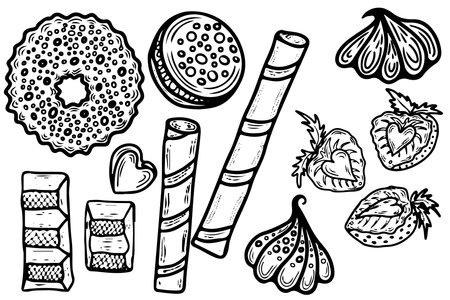 Seamless pattern with cake, cupcake, candy and other dessert with berry. Sweet dessert coloring book. Vector isolated dessert.のイラスト素材