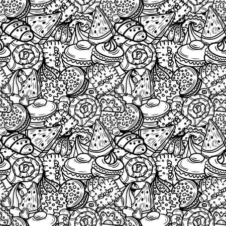 Seamless pattern with cake, cupcake, candy and other dessert with berry. Sweet dessert coloring book. Vector isolated dessert.のイラスト素材
