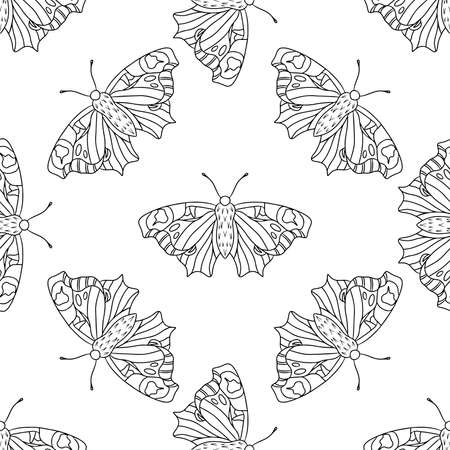 Seamless with black line butterfly on the white background. Vector pattern for banner, card, invitation, textile, fabric, wrapping paper.のイラスト素材