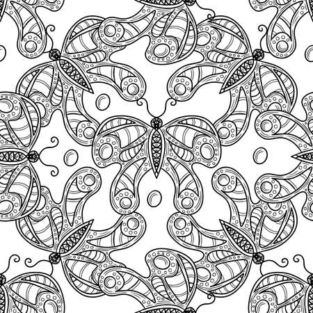 Seamless with black line butterfly on the white background. Vector pattern for banner, card, invitation, textile, fabric, wrapping paper.のイラスト素材