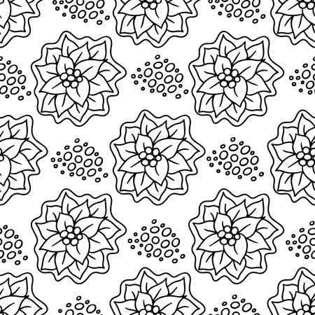 Seamless pattern with black line Christmas flower. Vector Christmas seamless pattern.のイラスト素材