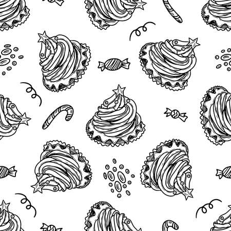 Seamless pattern with black line cupcake on white background. Vector seamless with cupcake.のイラスト素材