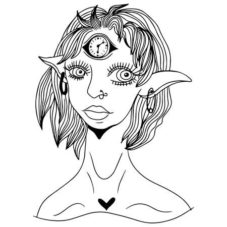 Black vector fantasy people isolated on white. Fantasy people vector illustration for coloring book or page, tattooのイラスト素材