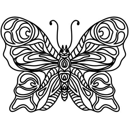 Isolated black line butterfly for tattoo, coloring book for adult and kids on the white background. Butterfly vector illustrationのイラスト素材