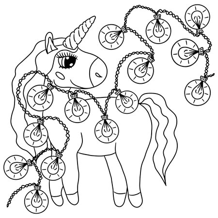 Festive unicorn for new year or christmas coloring book. Cute Unicorn. Isolated line unicornのイラスト素材