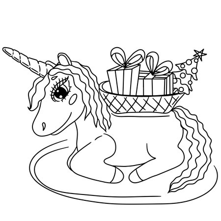 Festive unicorn for new year or christmas coloring book. Cute Unicorn. Isolated line unicornのイラスト素材