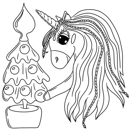 Festive unicorn for new year or christmas coloring book. Cute Unicorn. Isolated line unicornのイラスト素材