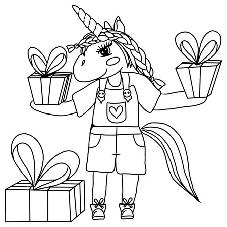 Festive unicorn for new year or christmas coloring book. Cute Unicorn. Isolated line unicornのイラスト素材