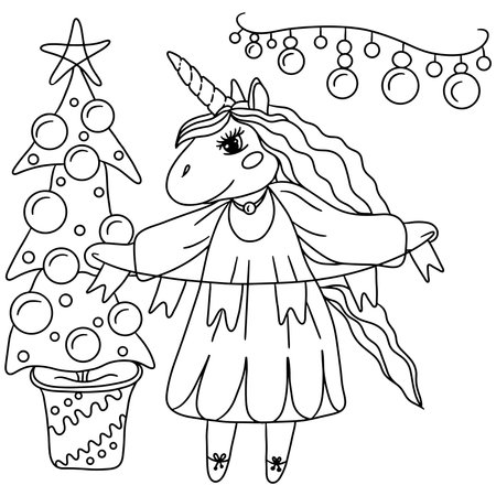 Festive unicorn for new year or christmas coloring book. Cute Unicorn. Isolated line unicornのイラスト素材