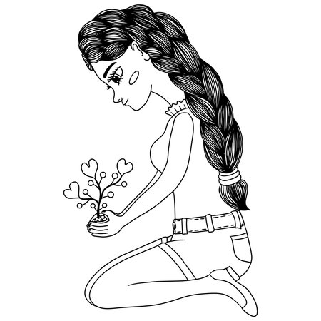 Cute vector girl or woman for children's or adult coloring. Illustration with girl or woman for page or book. Coloring people.のイラスト素材