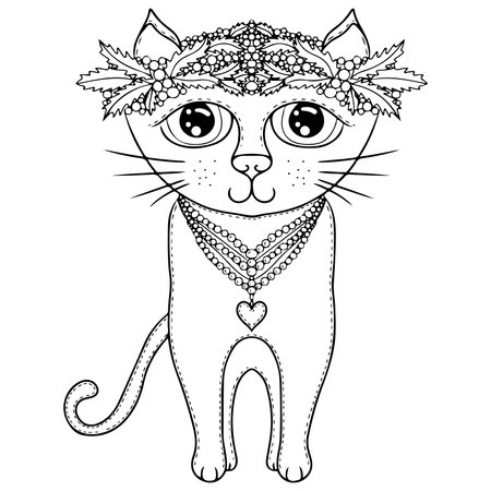 Cute drawn cat for children coloring book or page. Vector cat for kids learningのイラスト素材