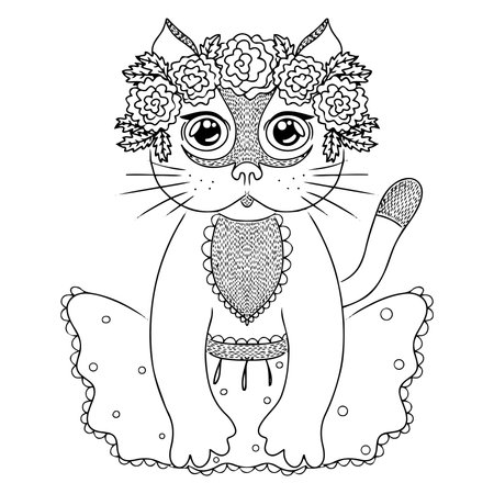 Cute drawn cat for children coloring book or page. Vector cat for kids learningのイラスト素材