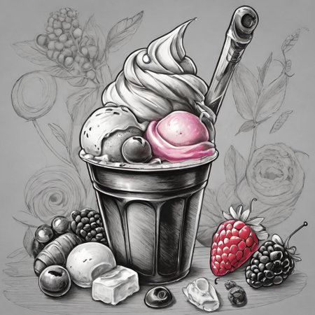Ice cream in a bucket with berries and chocolate. Hand drawn illustrationの素材