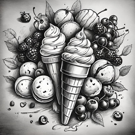 Hand drawn ice cream with fruits and berries. Black and white illustrationの素材