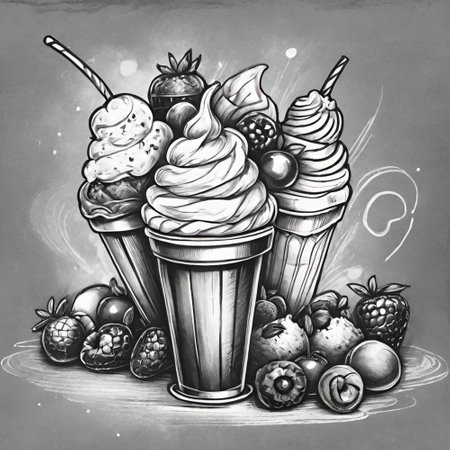 Ice cream with fruits and berries. Hand drawn illustration on a white background.の素材