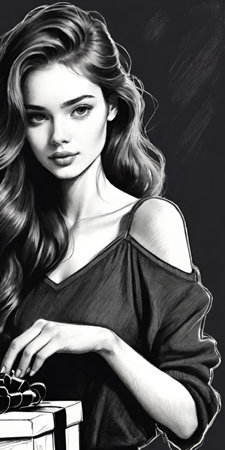 Beautiful young woman with gift box. Black and white portrait.の素材