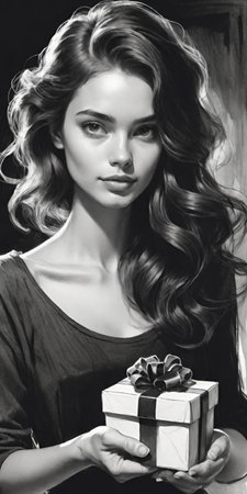Portrait of beautiful young woman with gift box. Black and white.の素材