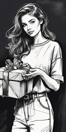 Beautiful young woman with a gift box. Black and white sketch.の素材