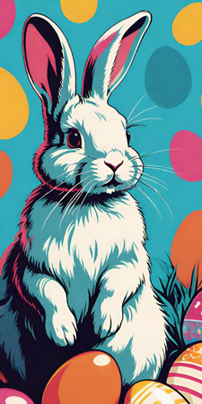 Easter bunny with eggs. illustration in retro style. Colorful background.の素材