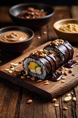 Gourmet dessert sushi rolls coated in glossy chocolate glaze and filled with creamy peanut butter, crushed peanuts, and sweet filling. Topped with chopped nuts and chocolate drizzle. Unique and luxurious fusion of Japanese sushi and decadent dessert flavors, styled on a rustic wooden board.の素材