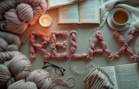 Cozy flat lay composition with the word "Relax" formed from soft pink yarn, surrounded by books, a lit candle, a cup of tea and warm textiles. Concept of slow living, comfort and self-care on a quiet evening.の素材
