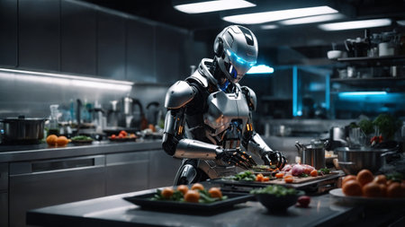 A humanoid robot wearing an apron is cooking pasta in a sleek, futuristic kitchen. The setting is illuminated with cool blue lighting, creating a high-tech atmosphere. The robot is focused on the task, surrounded by fresh ingredients and cooking utensils.の素材