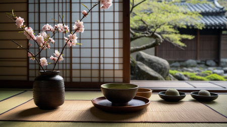 A serene scene of a traditional Japanese tea ceremony setup with two ceramic tea bowls placed on a wooden tray, set on tatami mats. The background reveals a peaceful garden with cherry blossoms and carefully trimmed bushes through shoji sliding doors, capturing the harmony and aesthetics of Japanese culture.の素材