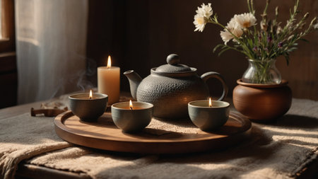 Rustic tea ceremony setup with a cast iron teapot and cups lit by small candles, placed on a wooden tray. Soft natural light, wildflowers in a vase, cozy linen textures. Tranquil and warm atmosphere perfect for relaxation, mindfulness, and ritual tea moments.の素材