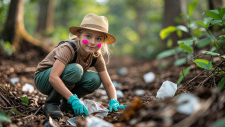 A young girl with painted cheeks, wearing gloves and a straw hat, is picking up plastic waste in a forest. She is crouched on a path surrounded by green foliage, helping to clean up litter and support environmental conservation. The image promotes sustainability, eco-awareness, and community action.の素材