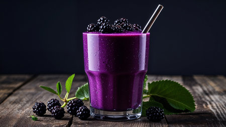 Dark purple blackberry smoothie served in a clear glass with a metal straw, surrounded by fresh blackberries and green leaves on a rustic wooden table. A rich and antioxidant-packed drink, perfect for a healthy lifestyle and elegant food styling.の素材