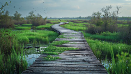 A peaceful scene of a weathered wooden path winding through a green wetland or marsh. The tranquil atmosphere is enhanced by water reflections, tall grasses, and distant trees. Ideal for themes of solitude, eco-tourism, nature conservation, and environmental beauty.の素材