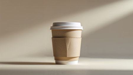 A single disposable paper coffee cup with a cardboard sleeve standing on a smooth surface, illuminated by soft warm sunlight. The minimalistic setup, clean background, and gentle shadows create a calm and modern aesthetic. Ideal for themes of sustainability, takeaway drinks, or morning coffee rituals.の素材