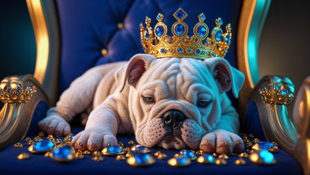 Adorable English bulldog puppy lying on a luxurious royal throne, wearing a gold crown adorned with blue gemstones. Surrounded by sparkling jewels, this cute and regal dog embodies royalty and charm in a whimsical, fantasy-inspired scene.の素材