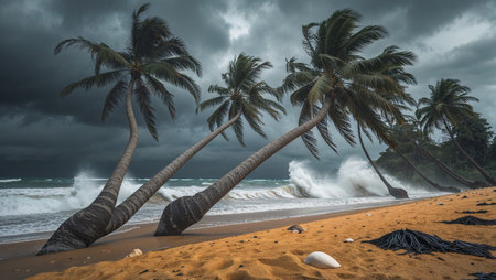 Dramatic tropical beach scene with tall palm trees swaying in the wind as a storm approaches. Powerful ocean waves crash against the sandy shore under dark, stormy clouds. A visually striking image of nature's force and coastal tension.の素材