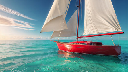 A striking red sailboat glides peacefully on calm turquoise waters under a bright blue sky with wispy clouds. The scene captures the essence of freedom, summer adventure, and coastal serenity. Perfect for themes of travel, sailing, vacation, and marine lifestyle.の素材