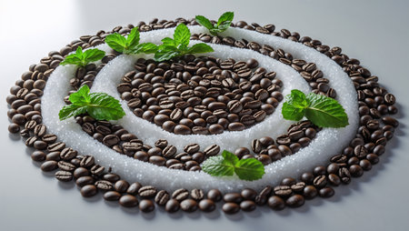 Artistic arrangement of roasted coffee beans and white sugar crystals in a spiral pattern, accentuated with fresh mint leaves on a clean, light background. The composition evokes a sense of freshness, energy, and creative culinary aesthetics - perfect for food, beverage, or wellness themes.の素材