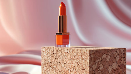 A luxurious red lipstick in an elegant case is displayed on a textured stone-like block against a flowing pink satin backdrop. The image emphasizes sophistication, high-end beauty products, and modern minimalist composition. Ideal for cosmetic advertising, skincare brands, or makeup promotional campaigns.の素材