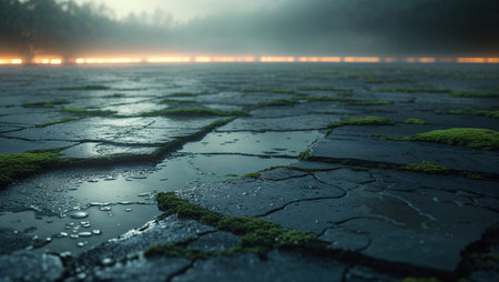 Close-up of cracked asphalt covered in moss and puddles after rain, with a misty forest and glowing horizon in the background. The image captures a moody, cinematic atmosphere, ideal for storytelling, nature reclaiming urban scenes, and post-apocalyptic themes.の素材