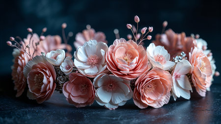 Close-up of a handcrafted floral wreath made of soft peach and ivory flowers, beautifully arranged with green foliage, resting on a textured dark stone background. The elegant contrast between the gentle colors and the dramatic backdrop creates a romantic and timeless atmosphere â ideal for wedding decor, floral design themes, or artistic nature compositions.の素材