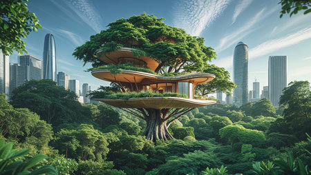 Innovative multi-level treehouse with modern architectural design nestled in lush green forest, surrounded by a futuristic city skyline. The concept blends sustainable living with urban innovation, symbolizing harmony between nature and technology. Ideal for eco-design, architecture, and green future themes.の素材