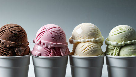 Row of colorful ice cream scoops served in white cups, featuring chocolate, strawberry, vanilla, and pistachio flavors. The ice cream is perfectly rounded and slightly melting, with a soft light creating a delicious and inviting presentation. Ideal summer dessert concept with a minimalist and clean background.の素材