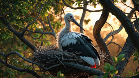 A majestic white stork with black wing tips and a red beak standing gracefully in its nest perched on a sturdy tree branch. Captured during a soft, golden hour, this serene nature scene evokes themes of home, birth, and the cycle of life.の素材