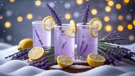 Festive winter scene featuring refreshing lavender lemonade with lemon slices, served in clear glasses and surrounded by fresh lavender and snow. Cozy and elegant holiday drink setup with warm bokeh lights in the background, perfect for Christmas and seasonal concepts.の素材
