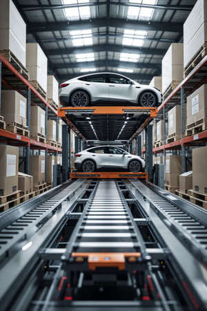Back view of a modern white electric car with the trunk open, positioned on a high-tech conveyor system inside a smart warehouse. Surrounded by shelves with packages and automated robots, the scene emphasizes advanced logistics, automated delivery, and next-generation mobility solutions. No people visible.の素材