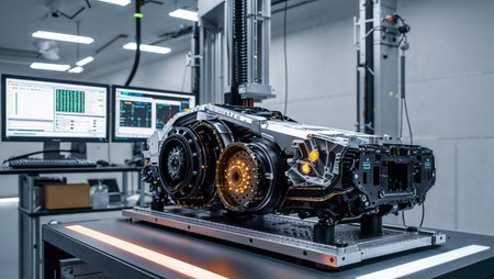 Close-up of a high-performance electric vehicle motor and transmission system being tested in a modern laboratory environment. Surrounded by high-resolution diagnostic monitors and cutting-edge equipment. The scene illustrates innovation in electric car engineering, drivetrain testing, and precision manufacturing.の素材