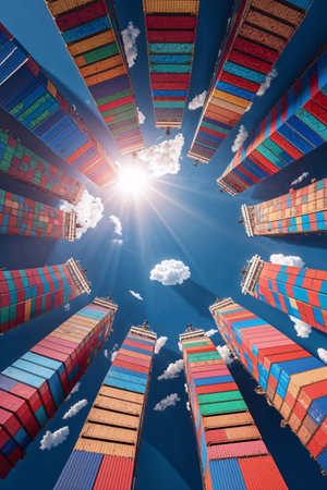 Abstract upward view of tall stacks of multicolored shipping containers arranged in a circular formation under a bright blue sky with the sun at the center. The image creates a surreal, architectural illusion of towers, symbolizing global trade, logistics, and industrial power.の素材